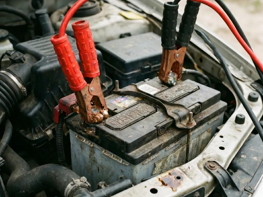 Jumper cables clamped to a car battery